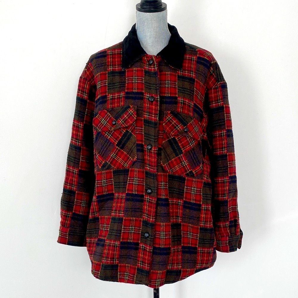 VTG Red, Brown & Black Plaid Men’s Wool Blend Jacket Sz M Suede Collar Oversized